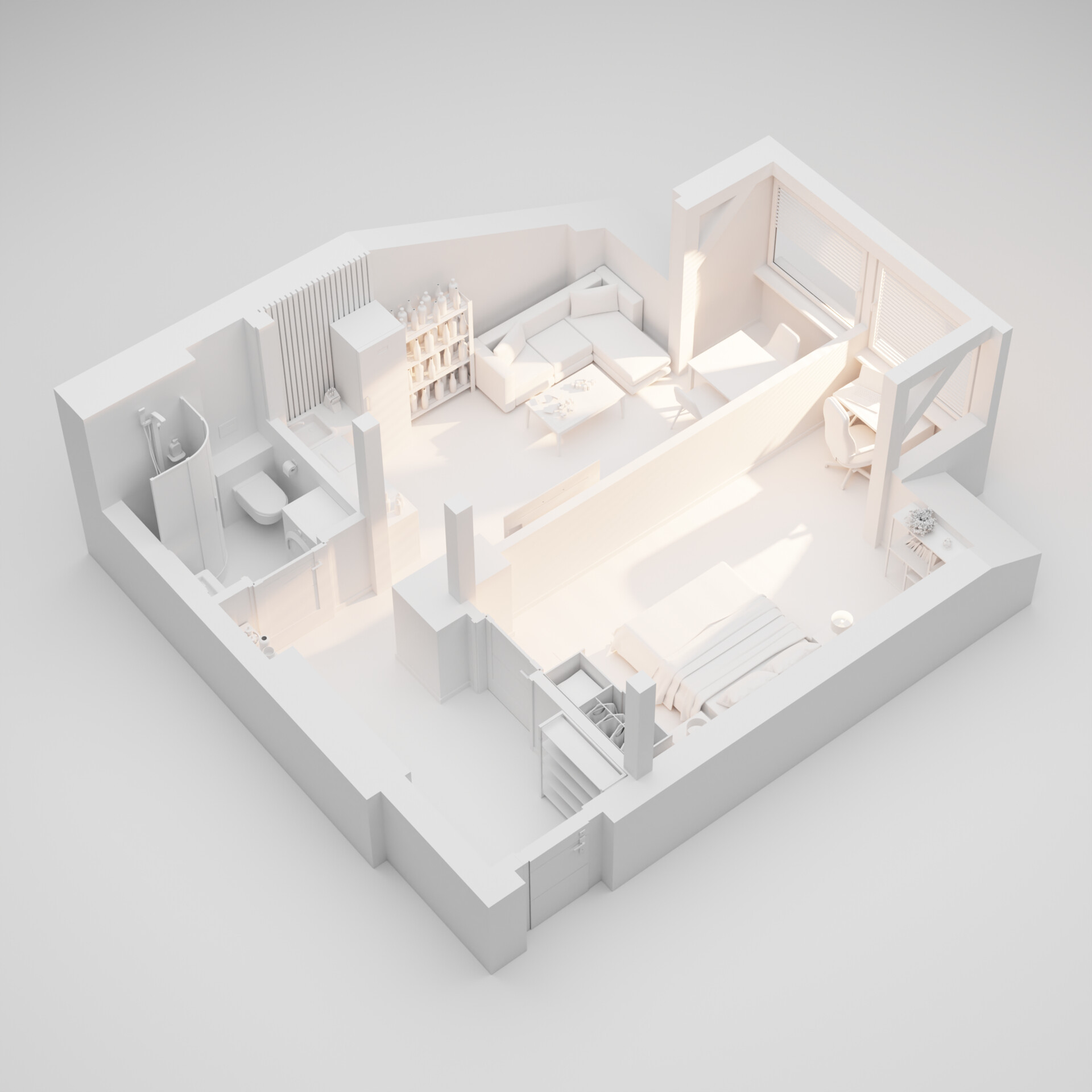 White clay render of an apartment seen from above, used to approve the layout