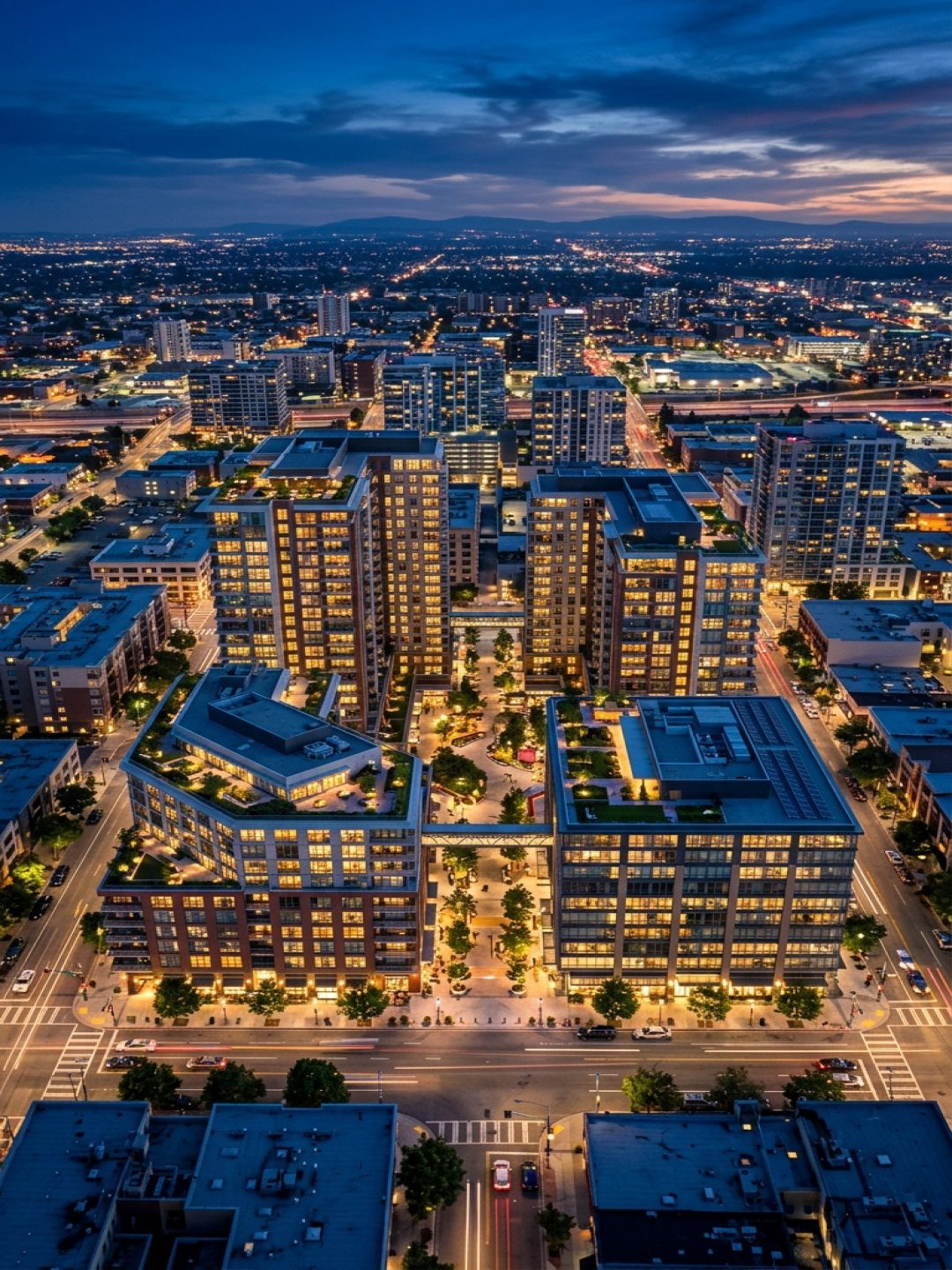 Architectural rendering turnaround time – aerial twilight view of mixed-use development