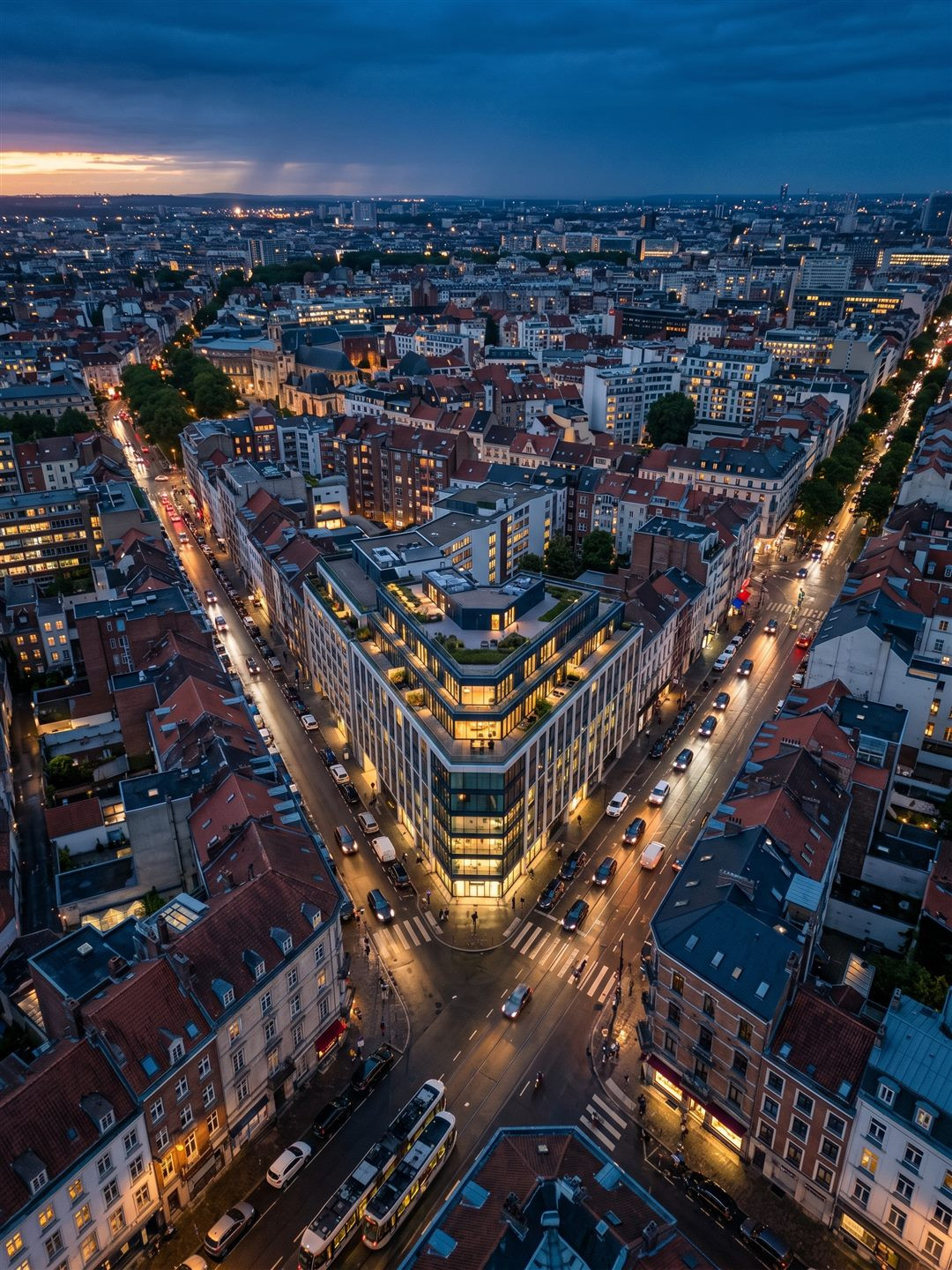 Aerial dusk context view for renders for planning permission