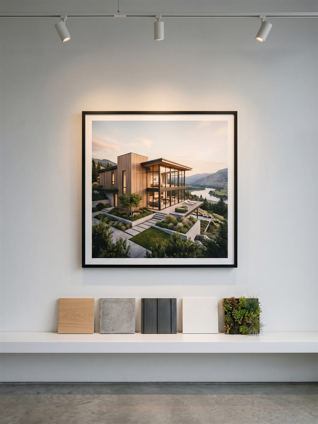 Printed renders and material samples behind the questions to ask a rendering studio