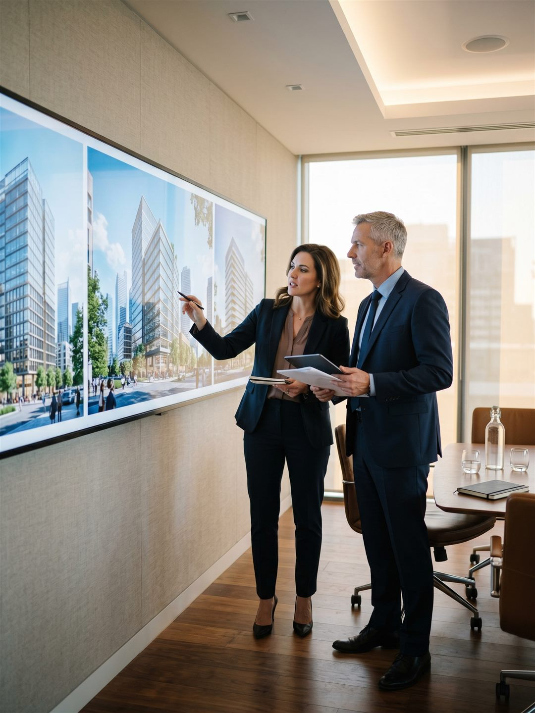 property developers reviewing virtual staging vs CGI renders in boardroom