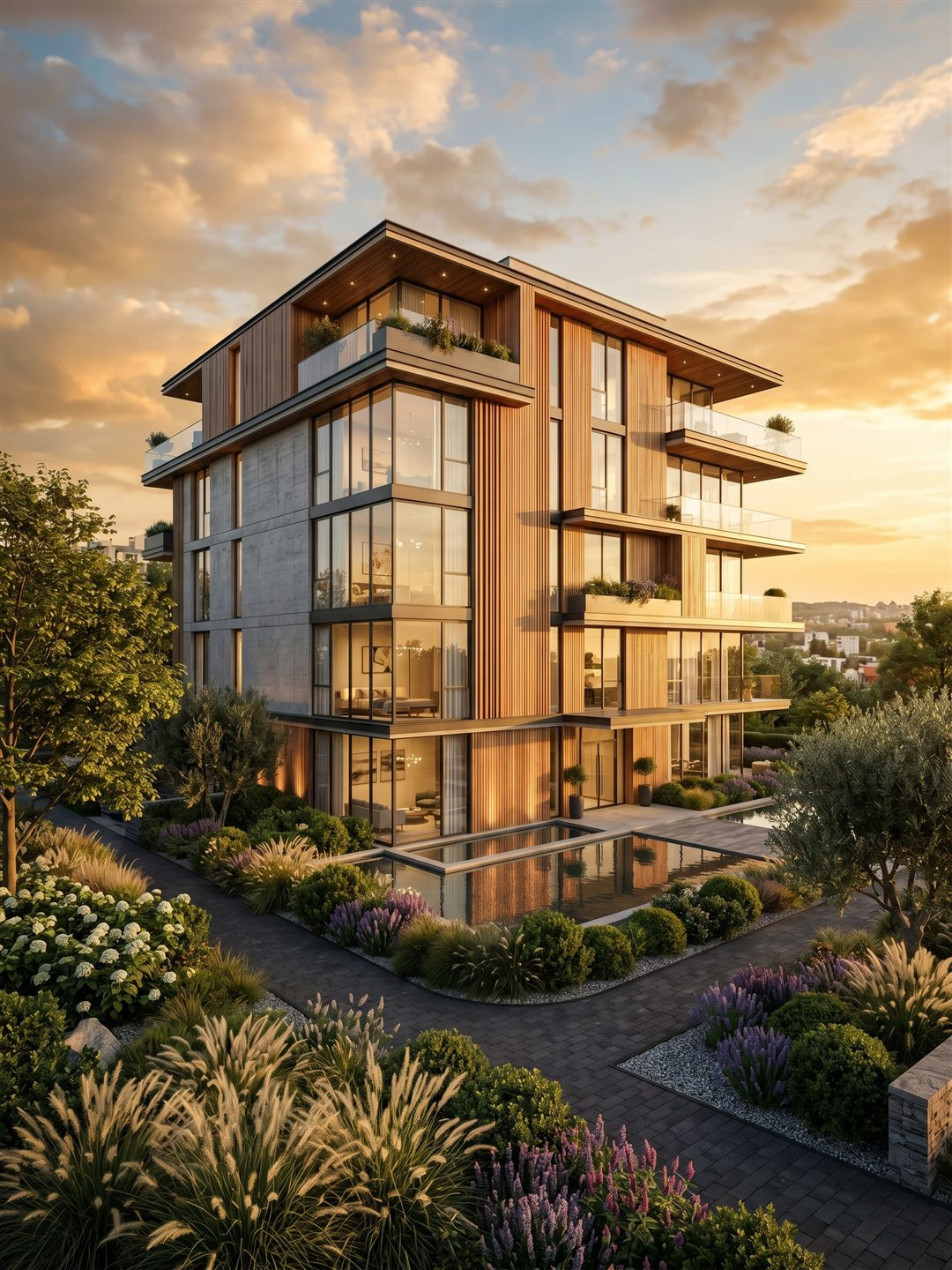 virtual staging vs CGI exterior render of luxury residential building at golden hour