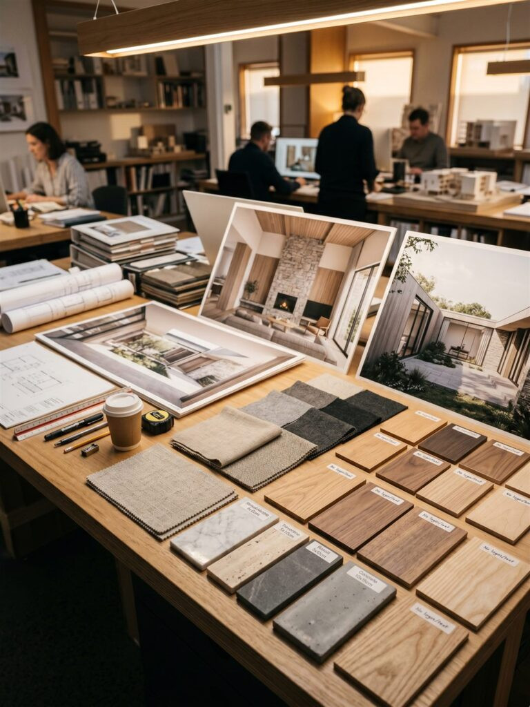 virtual staging vs CGI rendering comparison — render boards and material swatches