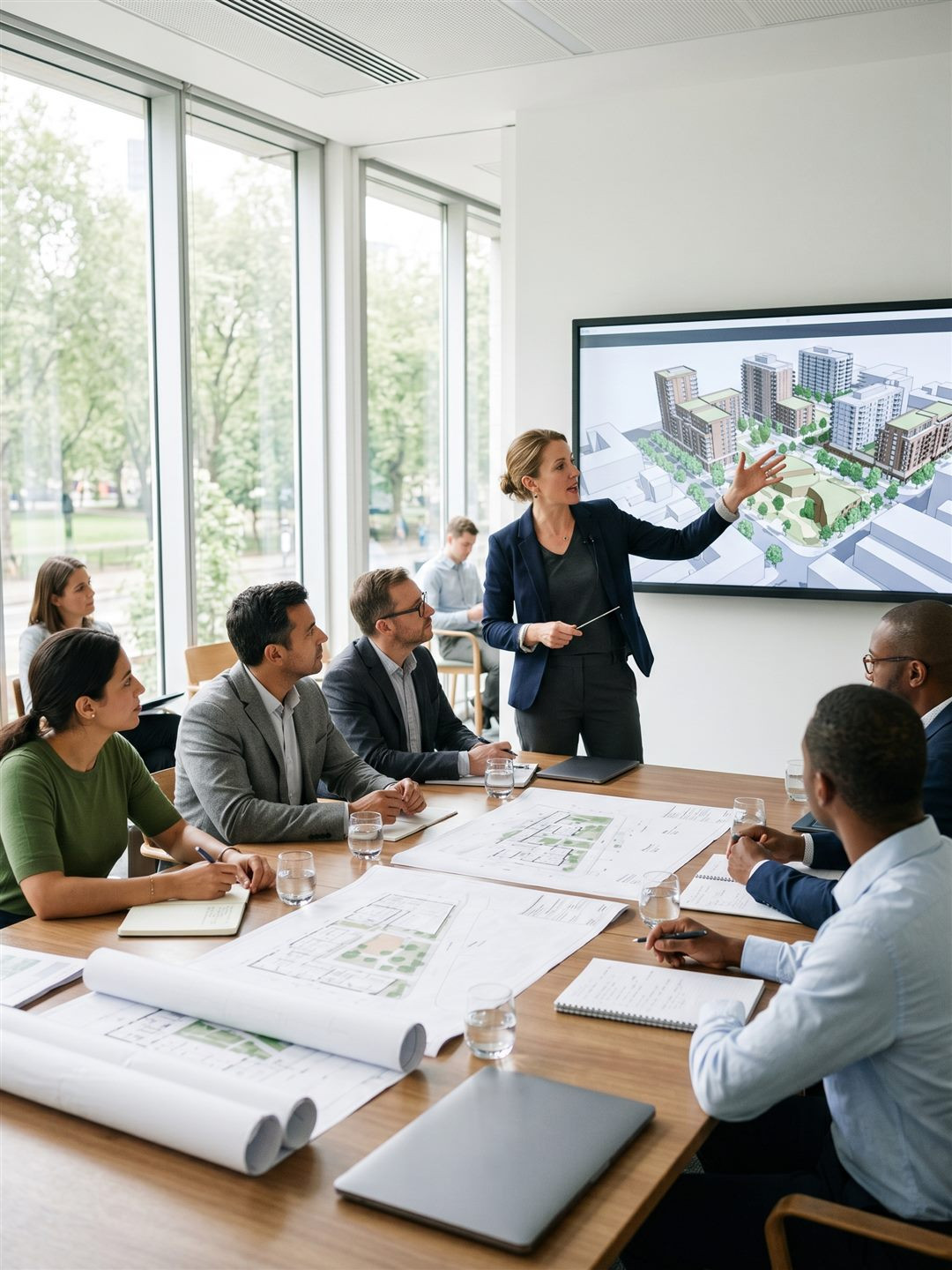 Architect presenting renders for planning permission to a review board