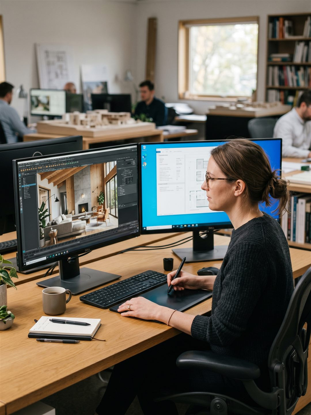 3D artist working on virtual staging vs CGI render at dual monitor workstation