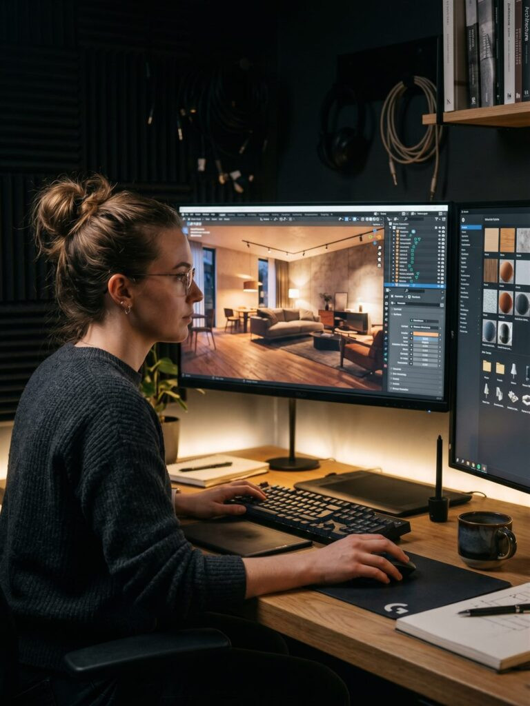 Designer building a real-time architectural visualization scene