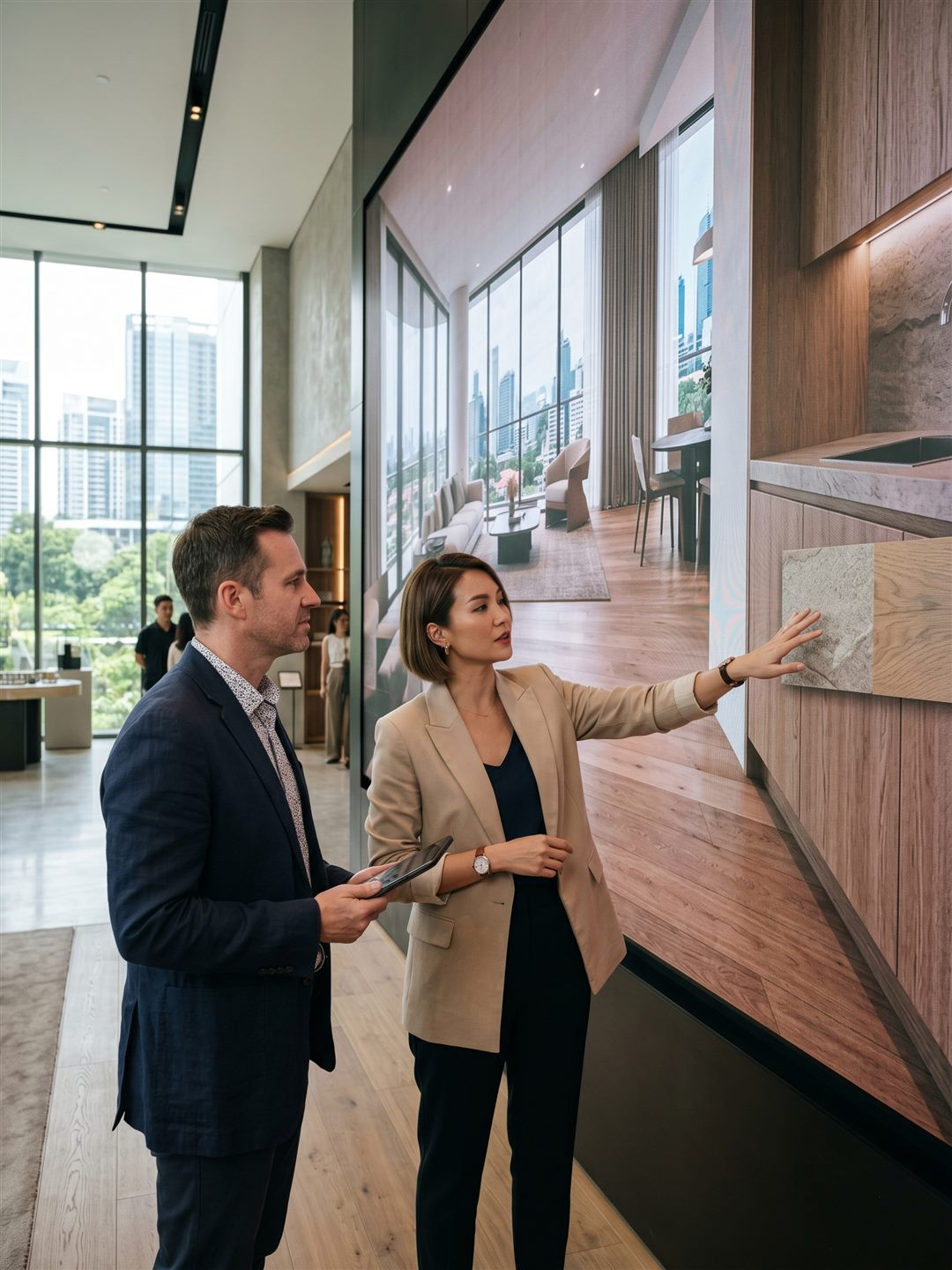 Buyer exploring a real-time architectural visualization in a sales gallery