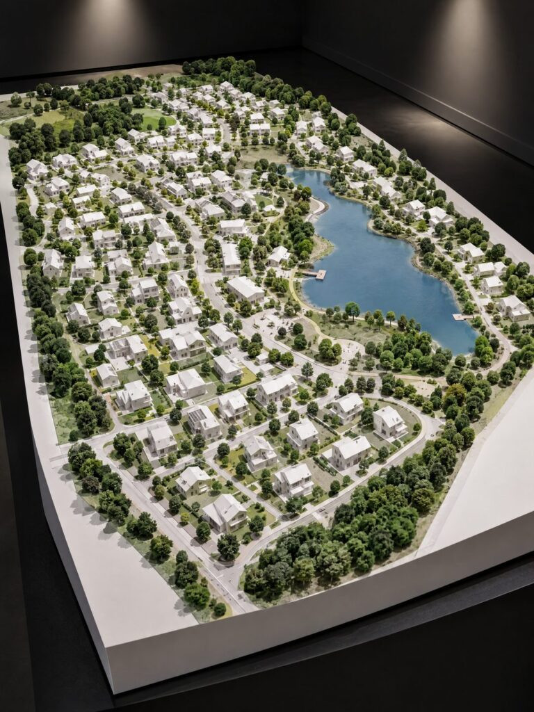 aerial masterplan rendering reference: white site model of a community