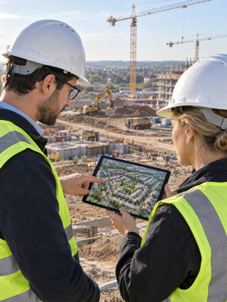 aerial masterplan rendering reviewed on a tablet at a construction site
