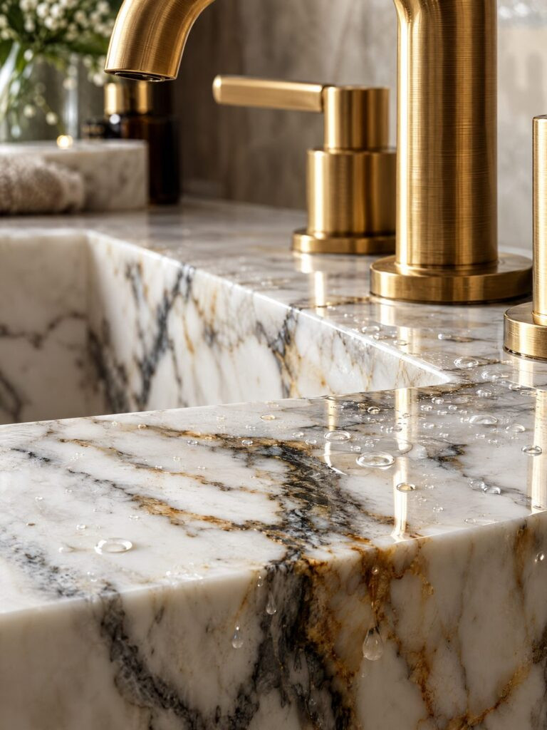 close-up renders of a marble vanity with brushed gold taps