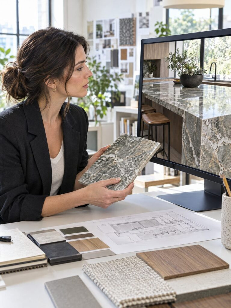 close-up renders reviewed by an interior designer holding a stone sample