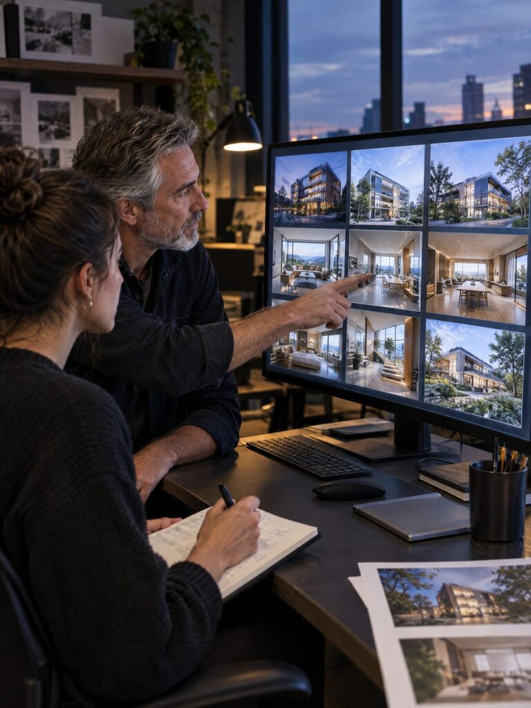 how many renders review: art director pointing at a grid of render thumbnails