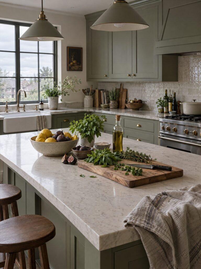 lived-in interior renders kitchen island with herbs, fruit and linen towel