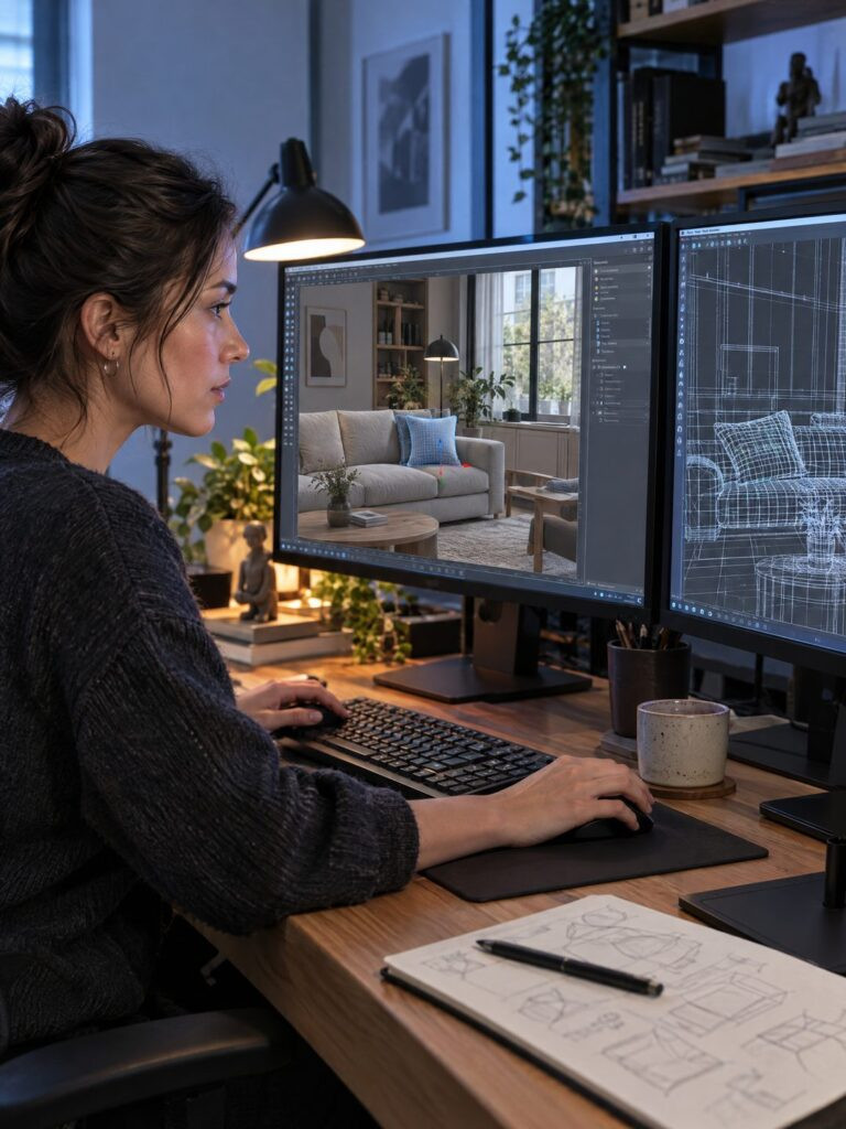 lived-in interior renders 3D artist adjusting a cushion in the viewport