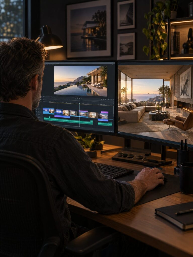 renders vs animation editing workstation with an architectural animation timeline