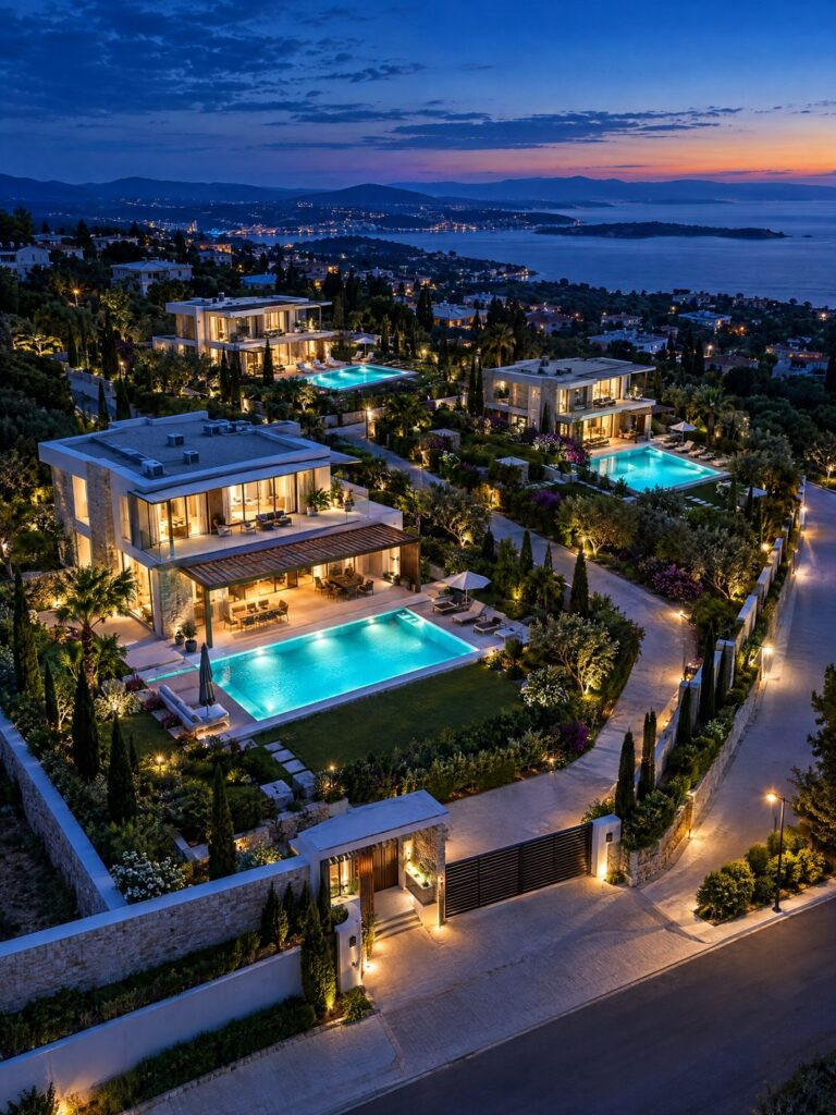 renders vs animation aerial blue-hour view of a residential compound