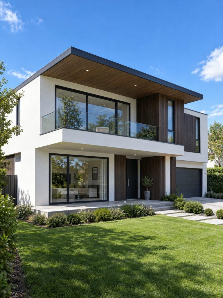 twilight rendering compared with a daylight view of a contemporary house