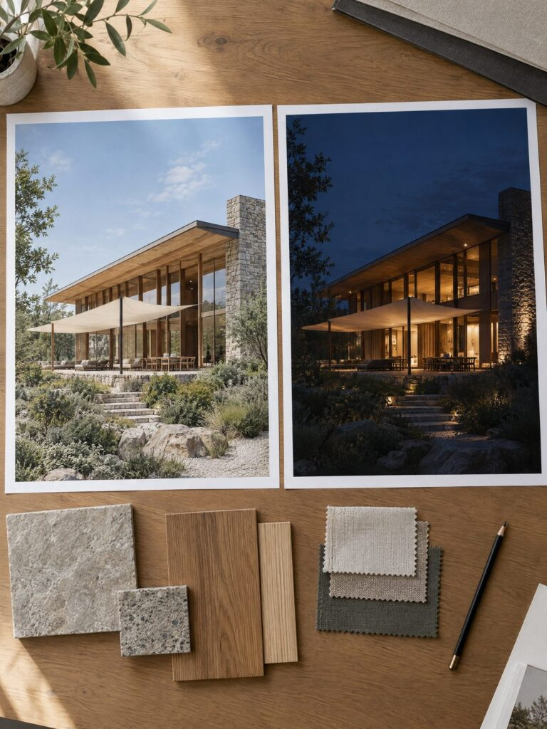 twilight rendering and daylight render boards with material swatches