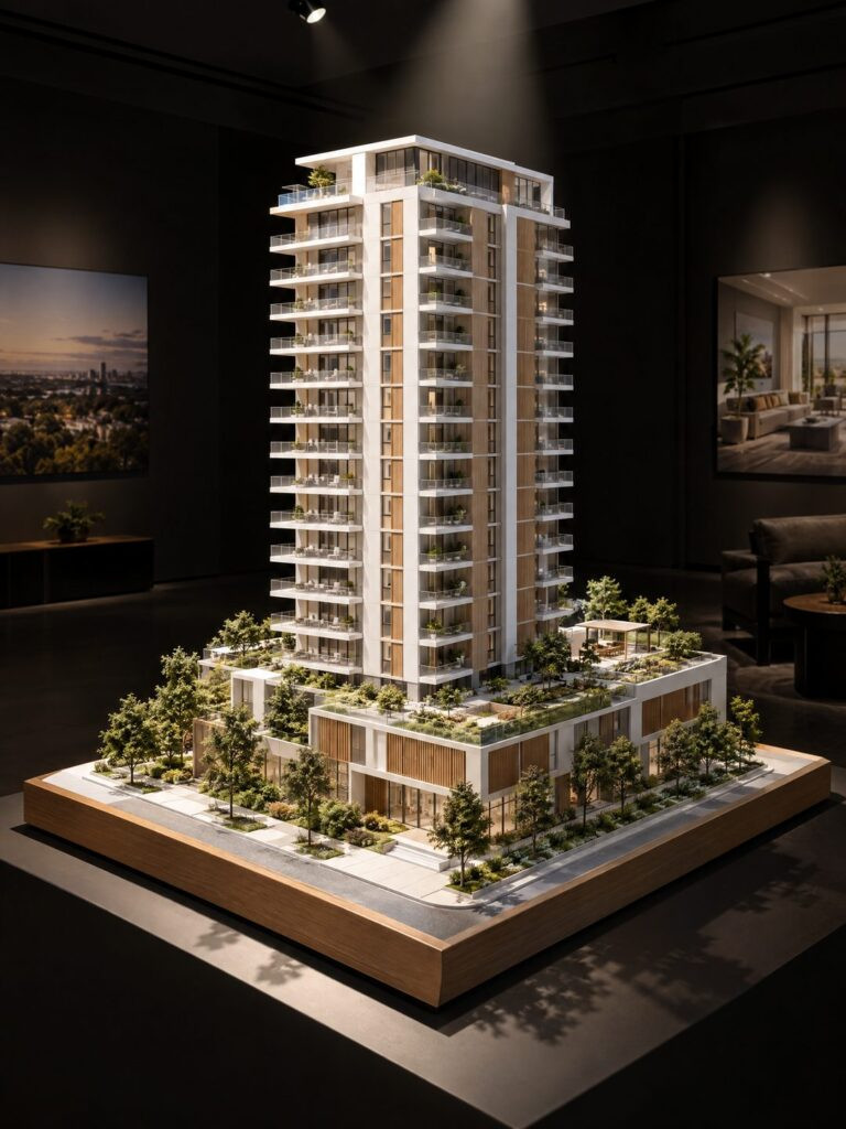 VR property walkthrough sales gallery with an architectural scale model