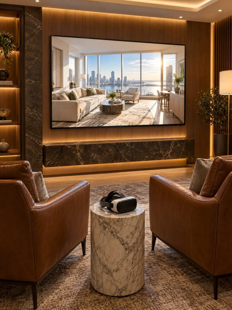 VR property walkthrough lounge with headset and large wall display