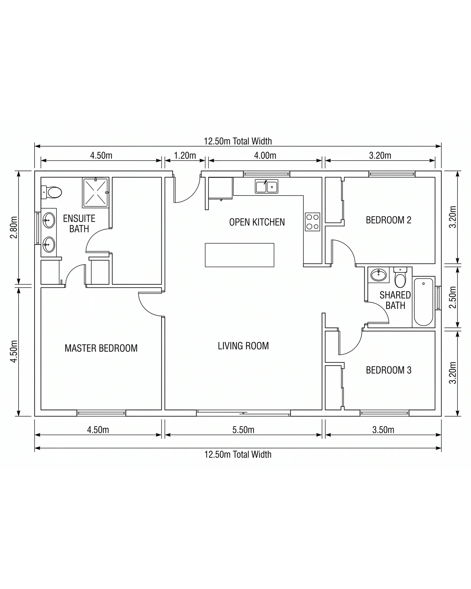 Dimensioned floor plan of a three-bedroom apartment, the kind of drawing a project starts from